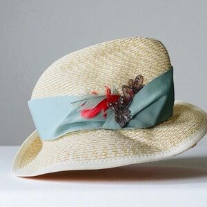 EUGENIA KIM STRAW EMBELLISHED FEATHER FEDORA HAT